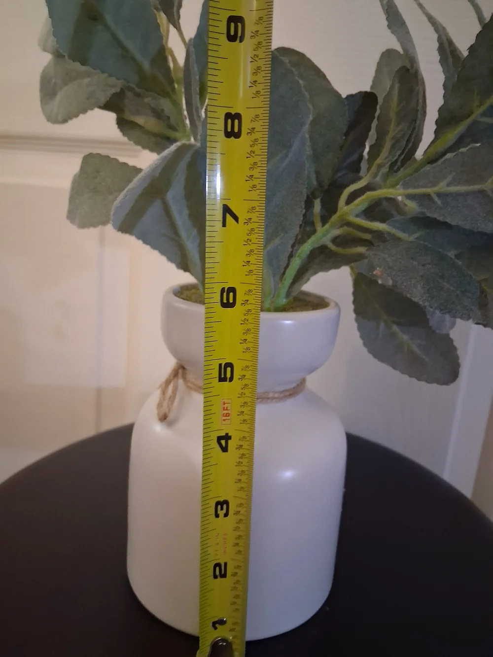 Ceramic White Vase with Natural Jute Accent and Green Faux Foliage